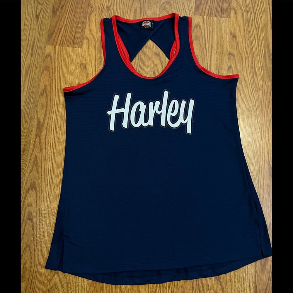Harley-Davidson tank Sz Small w/ Logo  Silky feel coverup Navy blue red trim